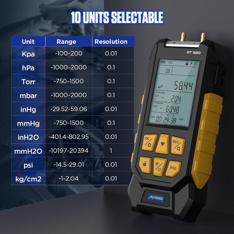 Autool Manometer Gas Pressure Tester,Digital Manometer HVAC,10 Units Differential Dual Port Pressure Gauge -100 to 200Kpa,Data Zeroing with Backlight LCD Display - Image 3